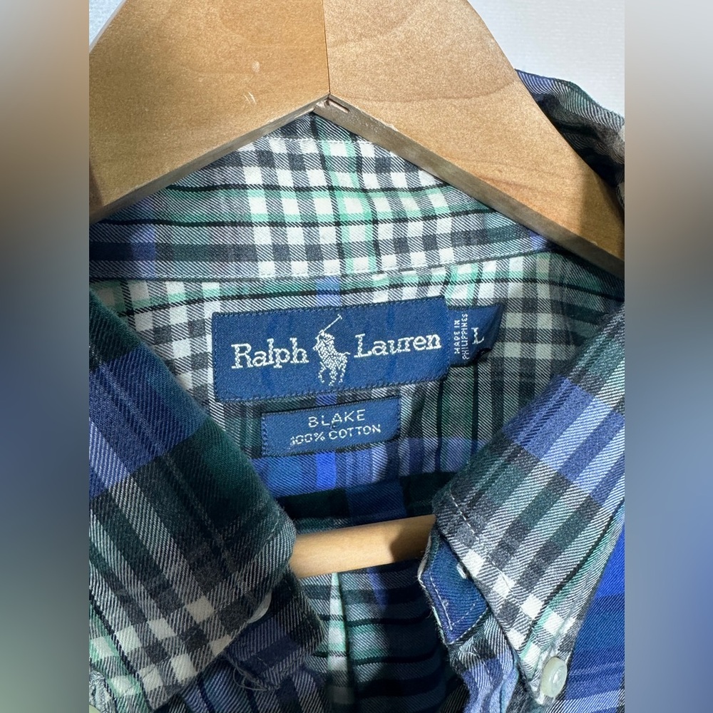 Ralph Lauren Blake Mens Large Blue Green Plaid Button Down Shirt 100% Cotton L - Picture 2 of 3